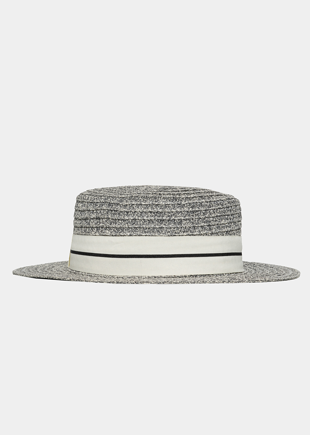 gray straw hat with white strap