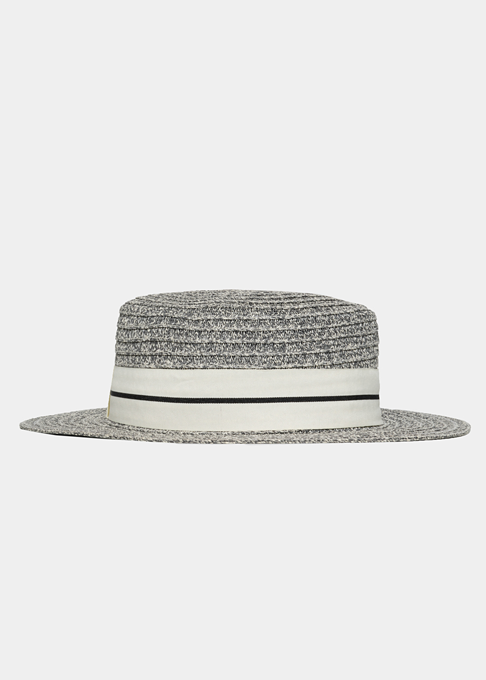gray straw hat with white strap