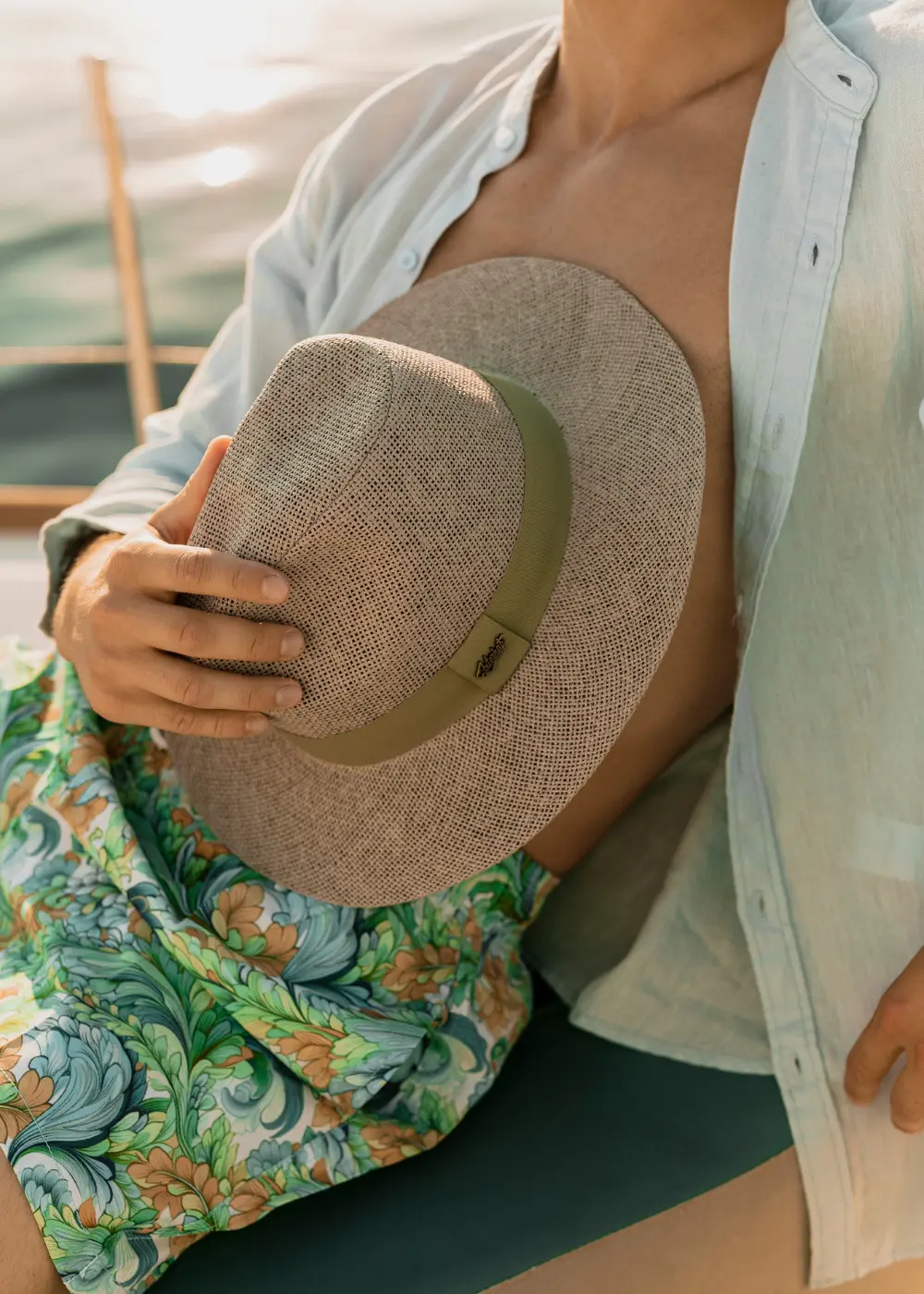 Light Grey Panama Style Hat w/ Olive Hatband