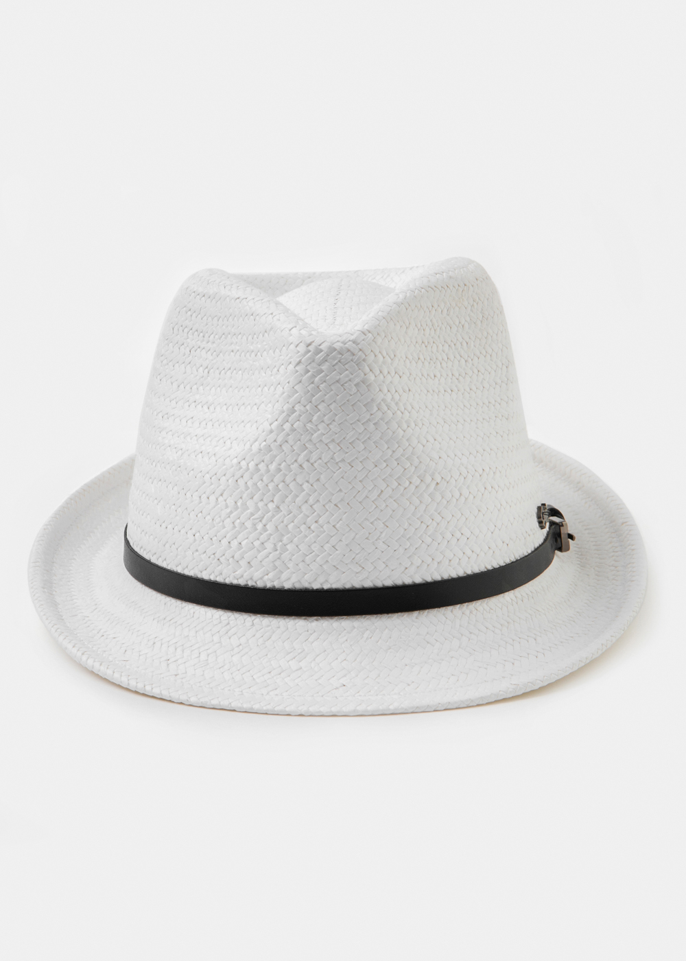  White Natural Straw Fedora Hat w/ black leather belt