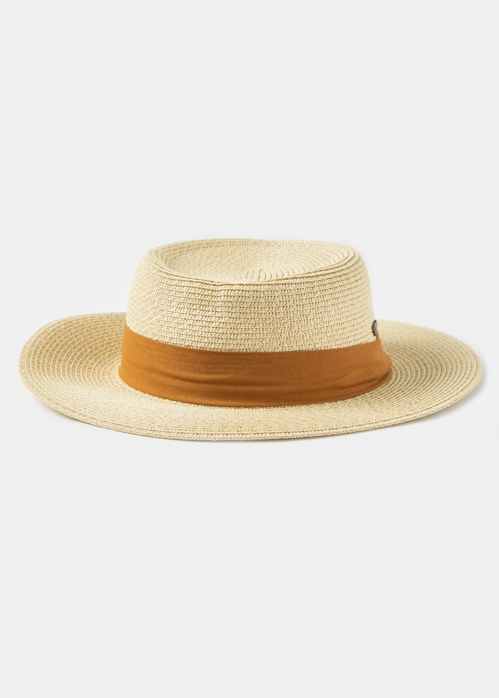 Beige Boater Hat w/ Camel Ribbon