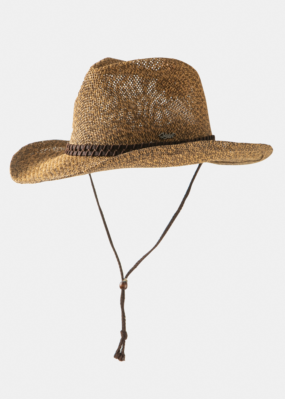 Brown Raffia Cowboy Style Hat w/ brown braided hatband & neck cord