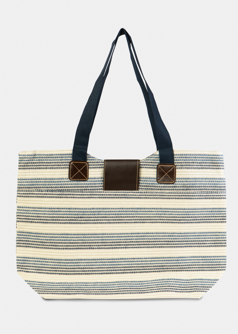 Blue Striped Beach Bag w/ Leatherette Details