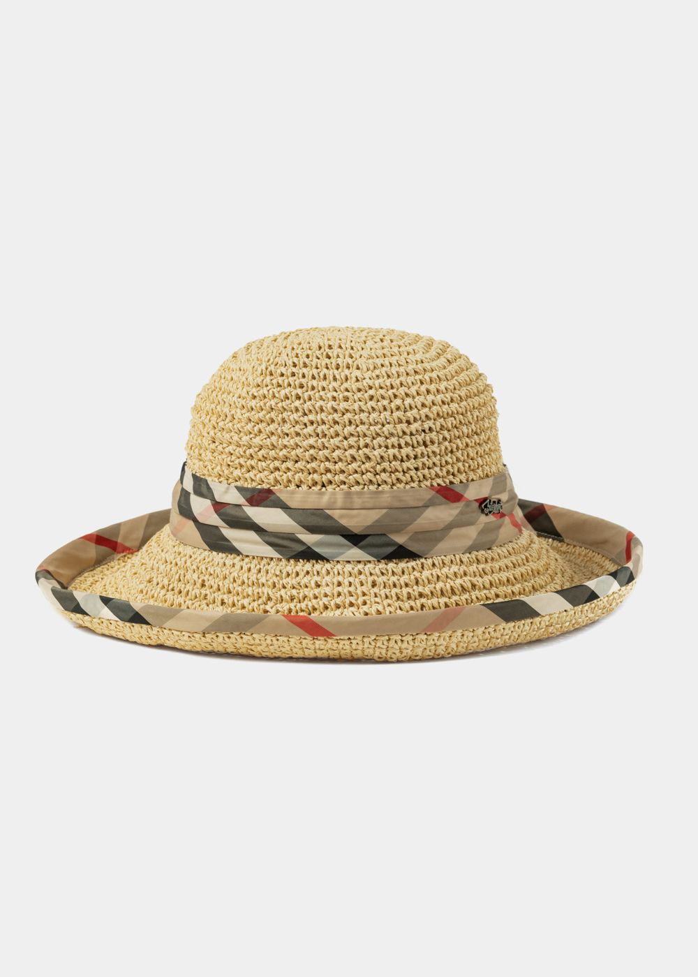Beige Straw Hat w/ Grey & Red Foulard 