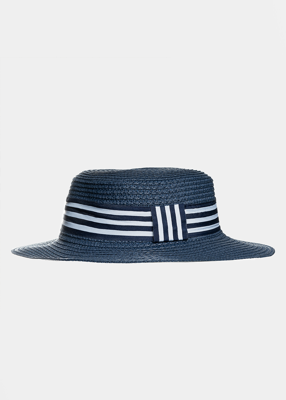 Blue kids hat with blue & white stripes 