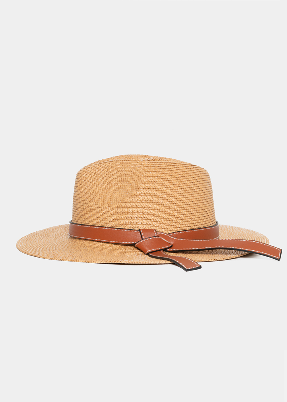 brown straw panama with camel leather belt