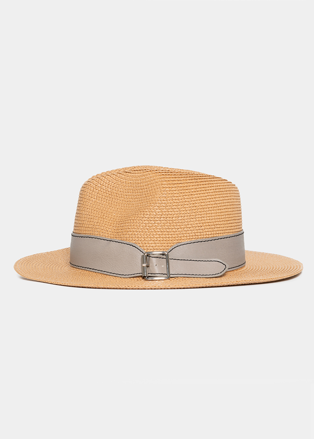 brown straw panama with grey belt