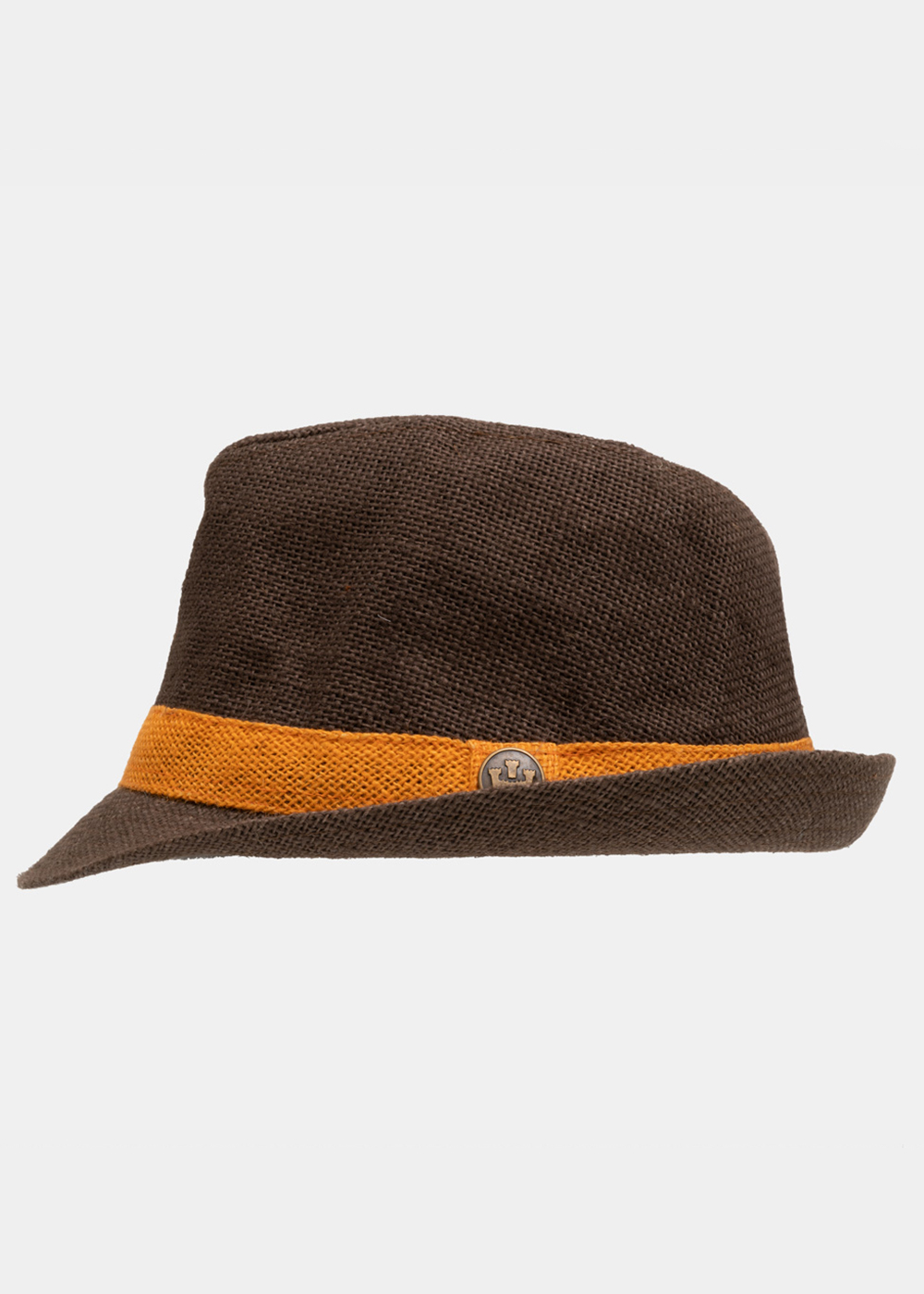 Dark brown fedora with orange strap