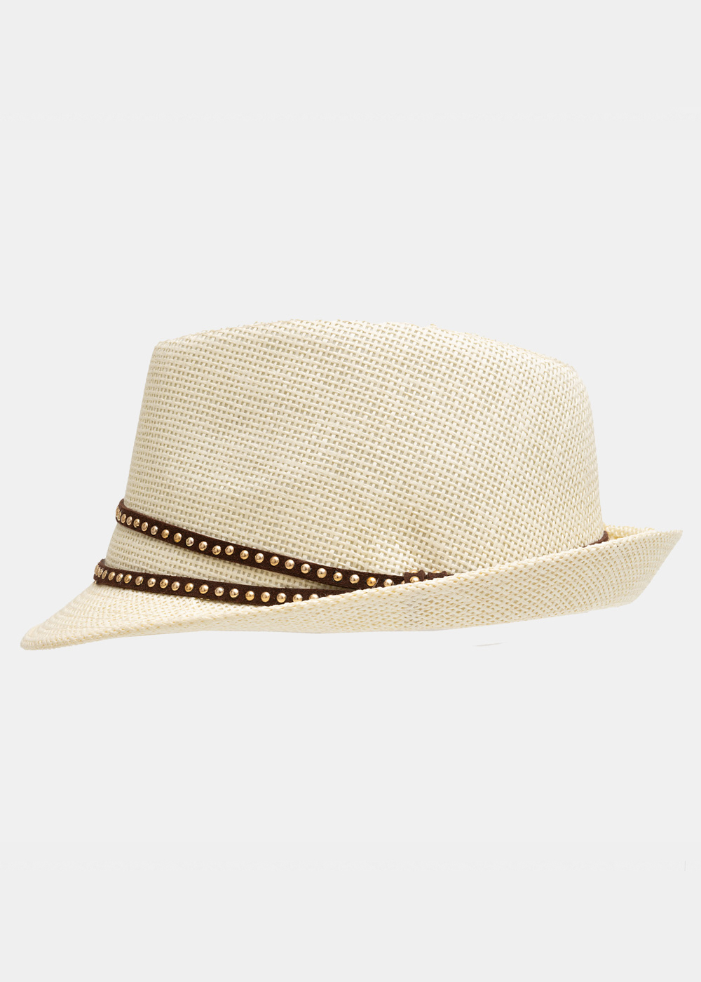 Ecru fedora with brown leather strap