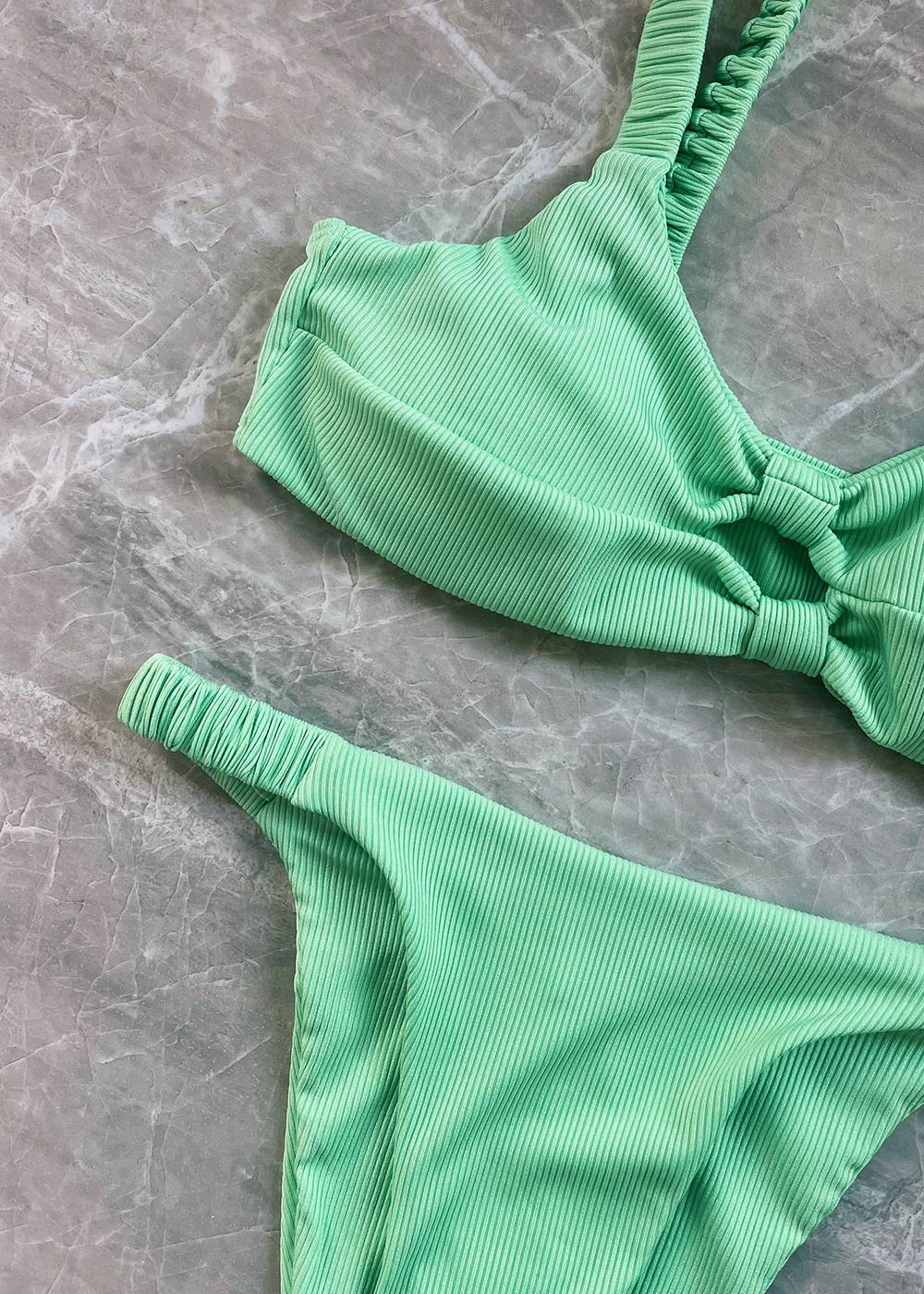 Ribbed Double Twist High Cut Bikini Swimwear - Light Green